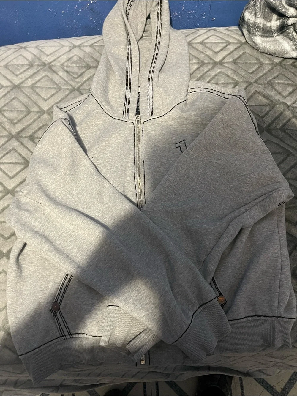 True Religion Gray and Black Graphic Puffer Jacket